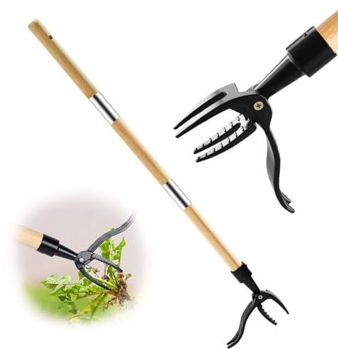 KEBMCHN Désherbeur Manuel 1.1m Longueur, Pelle Jardinage, Désherbeur pour Potager, Arrache Pissenlit, Manche en Bambou Naturel et 4 Griffes en Métal, Élimination Efficace des Racines (1.1m)