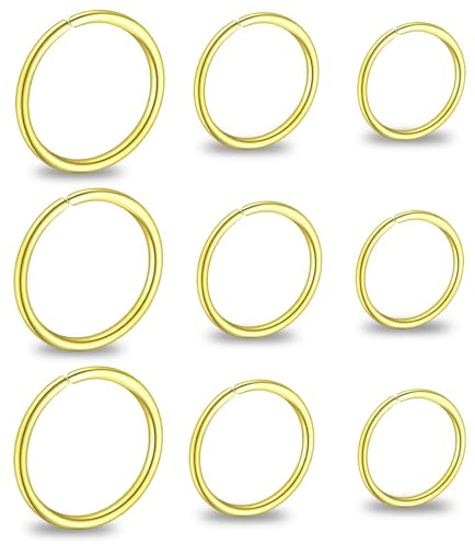 Suupii 9 Pcs Thin Nose Rings Gold, Hypoallergenic Nose Hoops 6mm + 8mm + 10mm Diamter, 316L Stainless Steel Gold Septum Ring Piercing Jewellery Ear Lip Rings for Women Men