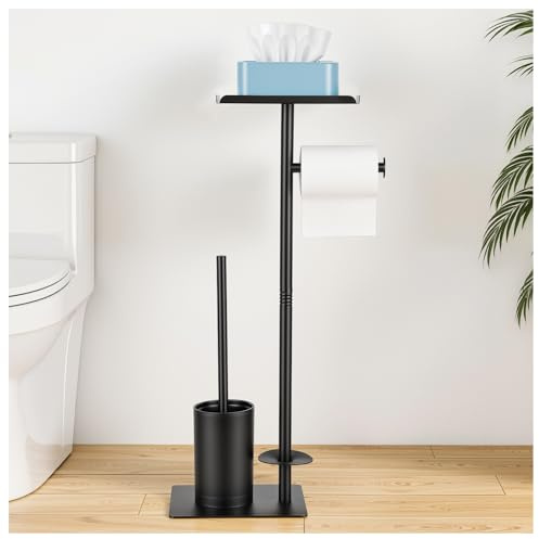 Porte Papier Toilette Autoportant en Acier Inoxydable avec Tablette Supérieure, équipé d'une Brosse pour WC, sans Perçage, Installation Facile, Adapté au Rangement de la Salle de Bain
