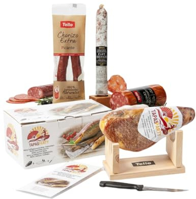 Tapas Party Coffret Découverte Espagnol | Mini Jambon Serrano 1kg Avec Support Et Couteau | Assortiment De Charcuterie Ibérique | Chorizo Lomo Et Fuet | Kit Apéro Gourmand Pour Fêtes | 100% Tradition