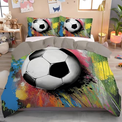 GSAEIMCT Housses De Couette Ballon De Football Rayé 240X260Cm,Enfant Parure De Lit Imprimé Graffiti3D,Housse De Couette en Microfibre Douce Noir Et Blanc + Taies d'oreiller 65×65 Cm
