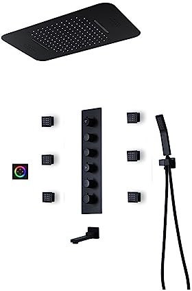 Columna de Ducha, Conjunto de sistemas de ducha de lujo negro, cabezal de ducha LED de lluvia de alto flujo de agua Panel de ducha con altavoz de música, grifo mezclador termostático de latón(Style 4)