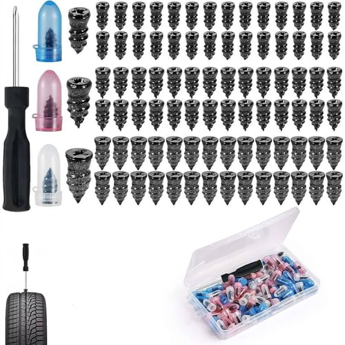 100PCS Tire Repair Rubber Nail Kit with 3 Sizes,3 Sizes Screw in Tires Plugs for Self Quick Puncture Repair,Self-Service & Self Sealing Screw in Tires Plugs with Screwdriver & Box,for Car/Motorcycle