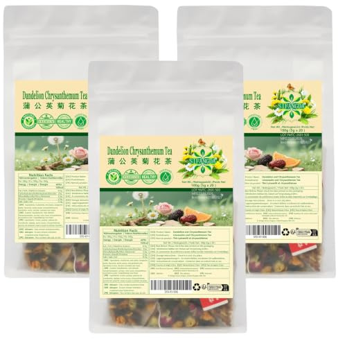 Lot De 3 Boîtes De Thé Au Pissenlit Et Au Chrysanthème, 100 G Par Boîte (20 Sachets Individuels De 5 G Chacune), Infusion Multi-plantes Adaptée À Toutes Les Saisons, Cadeau Pour Les Fêtes