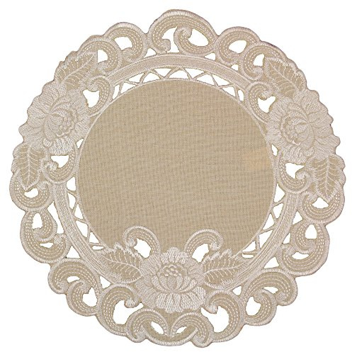 Quinnyshop Weiße Blumen Durchbruchsstickerei Tischdeckchen ca. 30 cm Rund Leinen-Optik, Beige