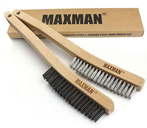 Drahtbürstenset, Kratzbürste aus Kohlenstoffstahl und Edelstahl zum Reinigen von Rost mit 14 langem, gebogenem Buchenholzgriff, 2 Stück, groß