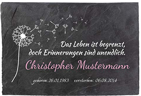 wandmotiv24 Schiefertafel, Gedenktafel Verstorbene Querformat 30x20cm Personalisiert Name (Farbig) + Datum, Digitaldruck, Trauerspruch, Bildmotiv Pusteblume, Witterungsbeständig