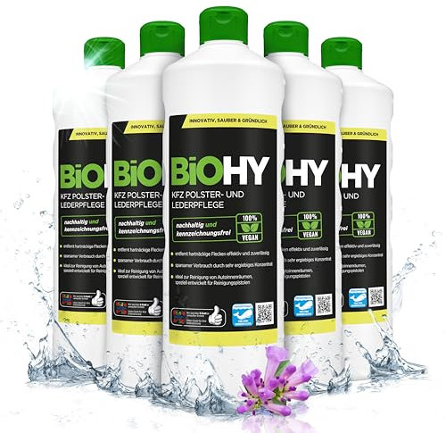 BIOHY KFZ Polster- & Lederpflege (6 x 1 Liter) | KFZ- Innenraum Aufbereitung & Lederpflege | hinterlässt angenehmen Geruch | Fleckenentferner für Autositze | ideal für Reinigungspistolen