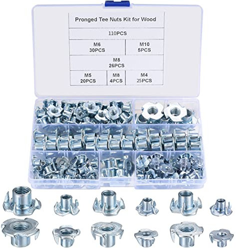 110 Pezzi Kit Dadi a T, Dadi Guida M4 M5 M6 M8 M10, Dado a Quattro Punte Guida, Inserti Dado Acciaio Carbonio per Mobili, Artigiani, Legno