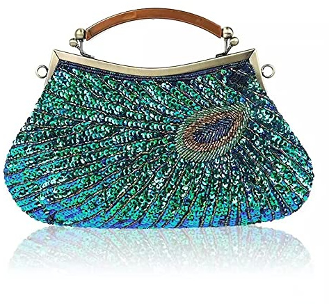Clutch-Tasche im Vintage-Stil, florales Design, mit Perlen, glitzernd, für Abschlussball, Hochzeit, Abendtasche, Brauttasche für Frauen, Party-Handtasche, Green-b