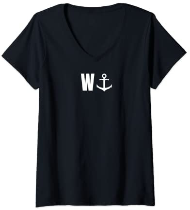 Damen W mit Anker Lustiger Lustige Anker Segler Segeln Sailor Boot T-Shirt mit V-Ausschnitt