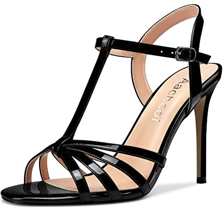 Aachcol Femmes T-strap Sandales Aiguille Haut High Talon Heel Ouvert Bout Slingback Lanières Cheville Chaussures 10 CM Noir Vernis 41 EU