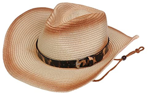 JK Home Cowboyhut, Westernstroh-Cowgirl-Hüte verstellbarer Kinnriemen mit Leoparden-Gürtelschnalle Verkleidung Urlaub Kostüm Zubehör Kappe, #B Beige + Rot Kaffee, Einheitsgröße