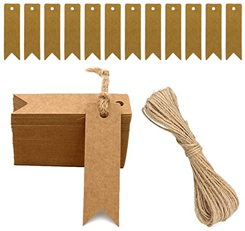 Etichette Regalo,100 Pezzi Etichette in Carta Kraft,7x2cm Tag Regalo Mini Etichettes con 20 m Spago per Matrimoni,Compleanni e Natale (Marrone)