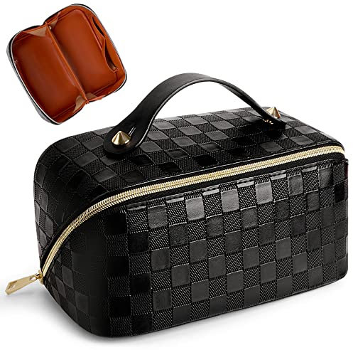 Kosmetiktasche mit großem Fassungsvermögen, kariert, tragbar, Leder, wasserdicht, mit Griff und Trennwand für Damen, 01-schwarz, modisch