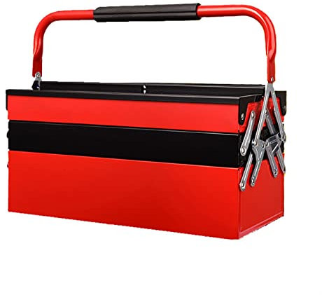 Werkzeugkoffer Tragbare Werkzeugkiste mit 3 Ebenen ausklappbarer Organizer-Aufbewahrung, freitragender, roter und schwarzer Aufbewahrungsbox, robuster Metallrahmen mit glatten freitragenden Verschlüss