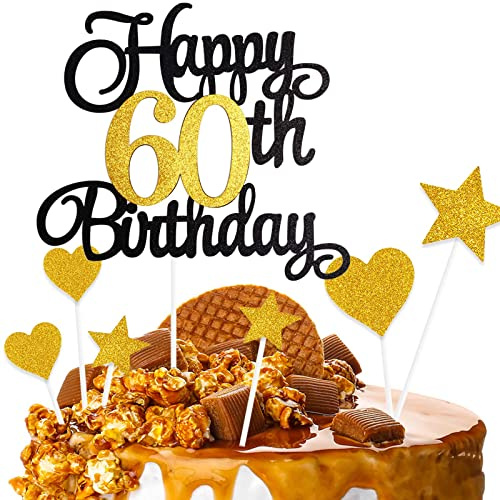 ZHIHUI Cake Decoration, 7-Pieces Personalised Happy 60 Years Birthday Cake Toppers for Boy Girl Kids Happy Birthday Sign for Cake, Glitter Cupcake Topper 60th Birthday Party Supplies (Black & Golden)