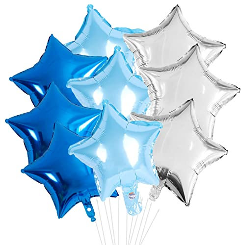 9-Piece Star Foil Mylar Balloons Set - 18-Inch Blue Silver Mixed Colors for Birthday, Baby Shower, Gender Reveal, Prom, Wedding