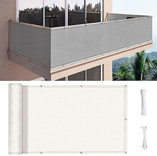 Balkonbespannung 135 x 550 cm Wind HDPE UV-Schutz Balkon Sichtschutz Balkonverkleidung mit Ösen und Kordel für Balkongeländer Garten, Weiß