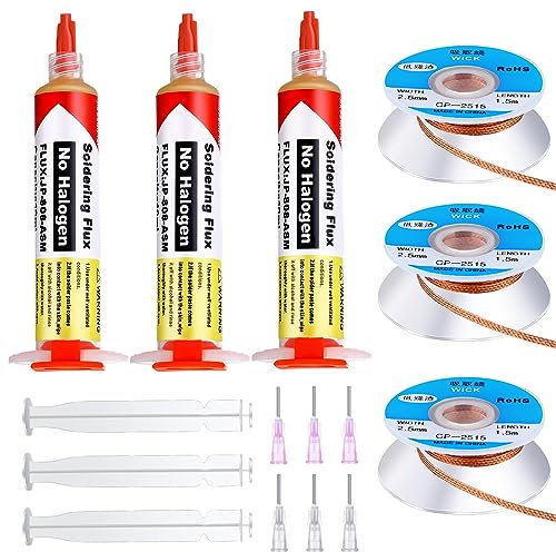 Blulu 6 Pcs 10ml 8341 No Clean Solder Flux Paste and Wicks Tacky Soldering Flux with Plunger and Dispensing Tip 1.5 Meter Length Solder Wick Braid for Electronics
