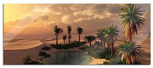Pixxprint Glasbild Panorama, Wandbild aus Echtglas, Oase in der Wüste bei Sonnenuntergang, 120x50 cm, inkl. Aufhängung und Abstandshalter