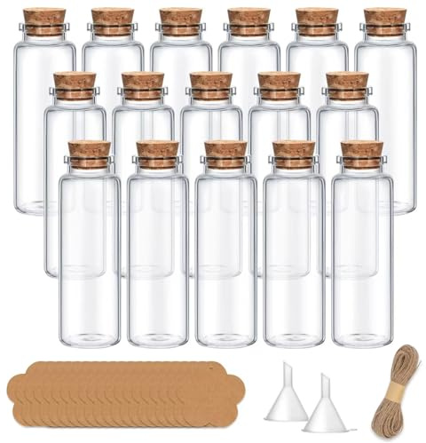 Yagaspantery 16 Stück 40ml Mini Glasflaschen,Kleine Glasflaschen Kit mit Korken und Etikett,Trichter,Hanfseil. Gewürzgläser für Hochzeitsdeko,Handwerk DIY Dekoration und Gastgeschenk