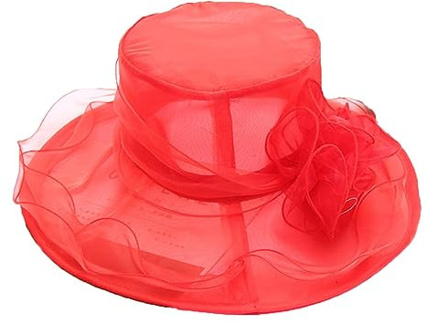 Pohullan Damen-Organza-Fascinator-Kirchenhut Mit Federn, Damenhut, Floraler Teeparty-Hochzeitshut Red(7) 56-58cm