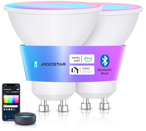Aigostar Mesh - 6.5W GU10 Ampoule Connectée Bluetooth Mesh, Ampoule Connectée Alexa 555LM RVB & 2700K-6500K, Ampoule LED Alexa 16 Millions de Couleurs, 2 Unités