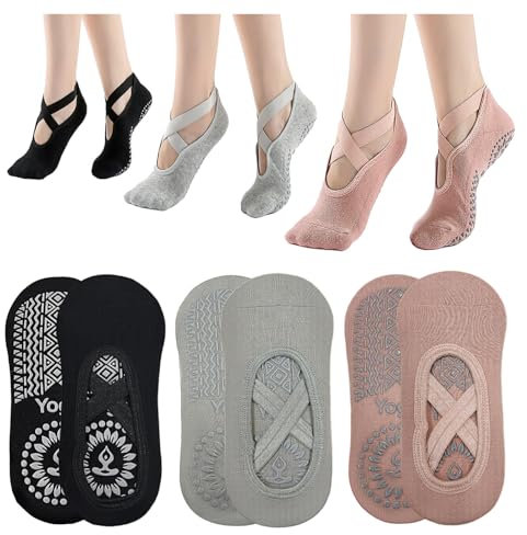 KEYRI 3 Paires Yoga Antiderapant Chaussettes pour Les Femmes Filles, Chaussettes d'Entraînement Antidérapante, Taille Unique Chaussette de Sol Anti-Slip Grips & Straps