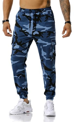 TOONRAIN Mens Camo Cargo Joggers Pants(Denim Blue, L)