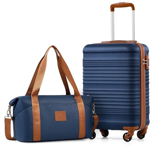 COOLIFE Kabinväska 55 x 35 x 20 cm för Ryanair flygbolag handbagage kabinbagage lätt med TSA-lås och 4 hjul 2 års garanti, Blå/brun, 55X35X20cm -Set 2tlg, Resväska vagn på handkabin bagage hårt skal