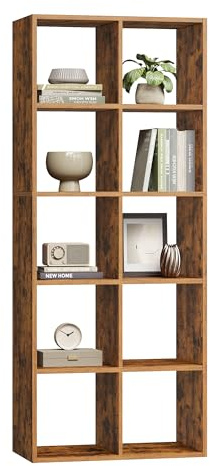 VASAGLE Bookcase, 10 Cube Storage Unit, Bookshelf for Living Room, Study, Office, Bedroom, Room Divider Shelving Unit, Industrial Style, Rustic Brown LBC168K01