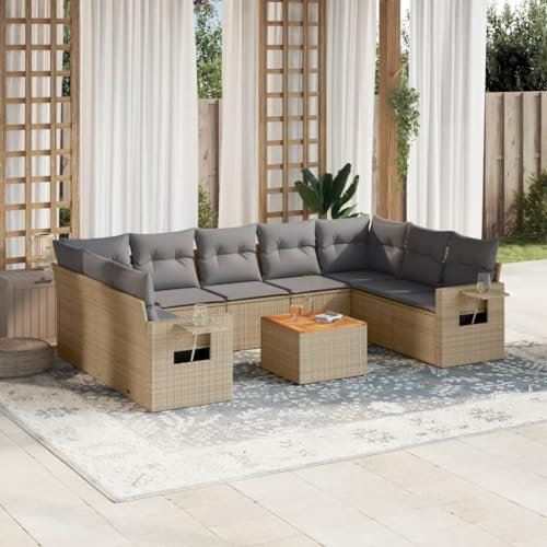 Rantry 10-TLG. Gartenmöbel Set mit Kissen Gartensofa Gartenlounge Balkonsofa Loungesofa mit Gartentisch Balkonmöbel Ecksofa Ecklounge Loungemöbel Sitzgruppe Beige Poly Rattan