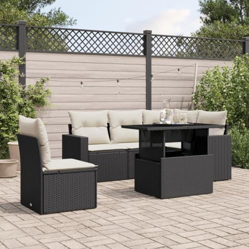 Rantry 6-TLG. Garten-Sofagarnitur mit Kissen Balkonmöbel Gartenmöbel Set Gartensofa Loungesofa Modular Terrassensofa Sitzgruppe mit Tisch Terrassenmöbel Schwarz und Cremeweiß Poly Rattan
