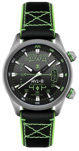 AVI-8 Hawker Harrier HUD - Reloj automático para hombre de 44 mm con correa de goma/cuero AV-4117, Negro gradiente, 22mm Green Rubber/Leather Strap, Hud Automático