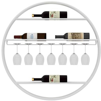 Rundes Weinregal Wand Metall Flaschenregal Schmal Wine Rack Bar Regal Wand Weinschrank Hausbar Barschrank mit Weinglashalter Mini Bar Vitrine Hängend für Esszimmer Home Bar Bartheke Wohnzimmer(Wit,75*