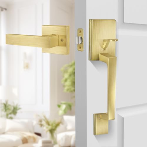 BonKuDoo Vordereinstiegsgriff-Set mit Einzylinder, Außen Gold für Rechts- und Linkshänder, Messing satiniert