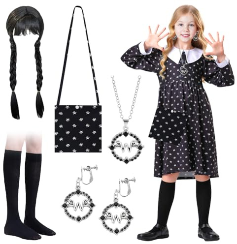 Wednesday Costume Kids 6 Pezzi Mercoledì Costume Bambini Set, Vestito Mercoledì Bambina, Abito da Mercoledì con Parrucche Calzino Borsa Orecchini Collana, Mercoledì Outfit per Carnevale Cosplay, 130cm