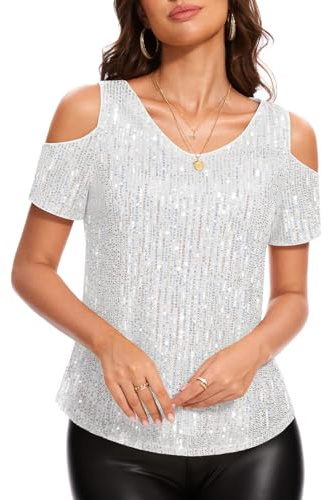 DRESSTELLS Pailletten Oberteil Damen Glitzer Bluse Damenbluse Elegant Festliche Karneval Party Disco Outfit White Silver XL
