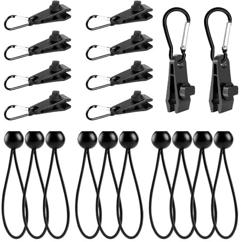 yotutun 30 Stück Tarp Clips Set, 10 Planenclips + 10 Spanngummi mit Kugel + 10 Karabiner Clips Zeltplane Clips Planenspanner Planenbefestigung für Zelt Camping Vorzelt Hängematte Sonnensegel