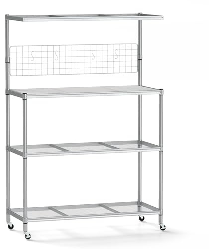 GiantexUK 4-Tier Kitchen Storage Rack, Metal Baker's Rack with Adjustable Shelves, 4 Wheels, Hanging Grid Panel, S Hooks & Shelf Liner, Rolling Microwave Oven Stand for Dining Living Room | Microwave Oven Stand with Adjustable Shelves, 4 Wheels, Hanging Grid Panel, S Hooks & Shelf Liner for Dining Living Room