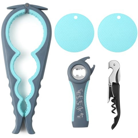 FHISKUNYU 5-in-1 Flaschenöffner-Set – ​Flaschenöffner für Senioren ​Glasöffner Deckelöffner Multifunktionales Küchenwerkzeug mit rutschfestem Griff für Dosen, Gläser & Flaschen (Hellblau)