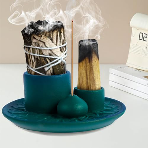 Portaincienso Palo Santo 4 en 1 con recuperador de cenizas de cerámica de 13 cm para casa, oficina, sala de yoga (azul)