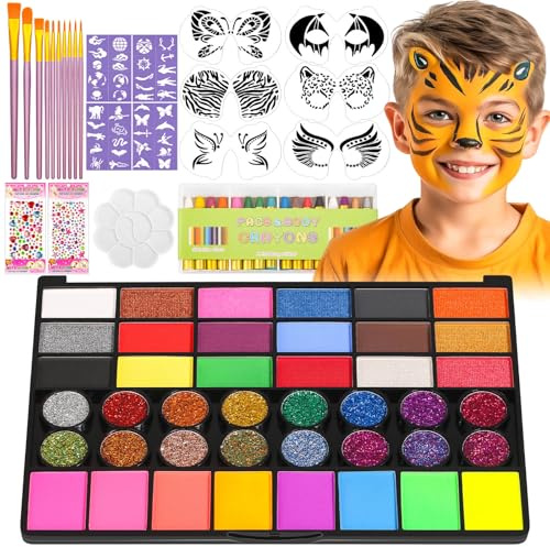 Dynozim Kit di pittura per il viso per bambini con stencil, 42 colori non tossici per il viso con 16 crayons, 6 stencil per pittura viso, 40 stencil per bambini e Halloween