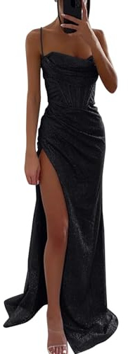 Robe de Soirée Élégante à Paillettes pour Femmes sans Manches Épaules Dénudées Robes Longue Sexy Moulante Col en V Bretelles Spaghetti Robe de Soirée avec Fente Haute à Paillettes Tendance Minimaliste
