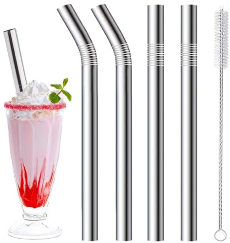 4 Pack 304 Stainless Steel Milkshake Straws, 10mm Wide Reusable Smoothie Straws, 266mm Bent & 216mm Straight Metal Straws with 1 Cleaning Brush, BPA Free for Boba Tea, Thick Drinks, Dishwasher Safe