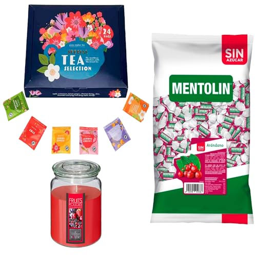 Pack Balsámico: MENTOLIN ARANDANO S/A BOLSA 1KG + Vela perfumada de frutos rojos + Set de Te con 24 bolsitas con diferentes sabores y aromas