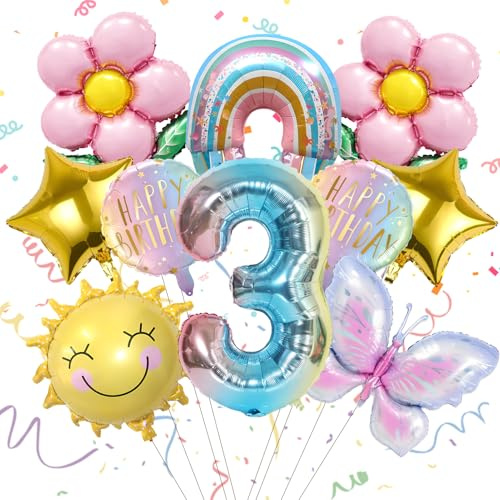 10 Stück Schmetterling & Sonne Luftballons Set, 3 Jahre Geburtstagsdeko | 3. Geburtstag Folienballon, Kindergeburtstag Deko Geschenke, für Kinderparty & Geburtstagsfeier, Mädchen & Jungen