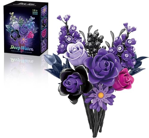 Flowers Building Bouquet Set - 822 PCS Artificial Black Purple Roses Blocks Kit Gothic Home Office Decor Fake Blossoms Plant Toys for Adult Kids Girls Age14+, Anniversary Birthday Gifts for Her