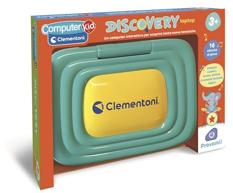 Clementoni Sapientino - Discovery Laptop, Computer Educativo per Bambini dai 3 Anni in su, 16 attività per Imparare Numeri, Lettere, Forme, Logica e Musica, Schermo LCD, Lingua Italiana, 16658
